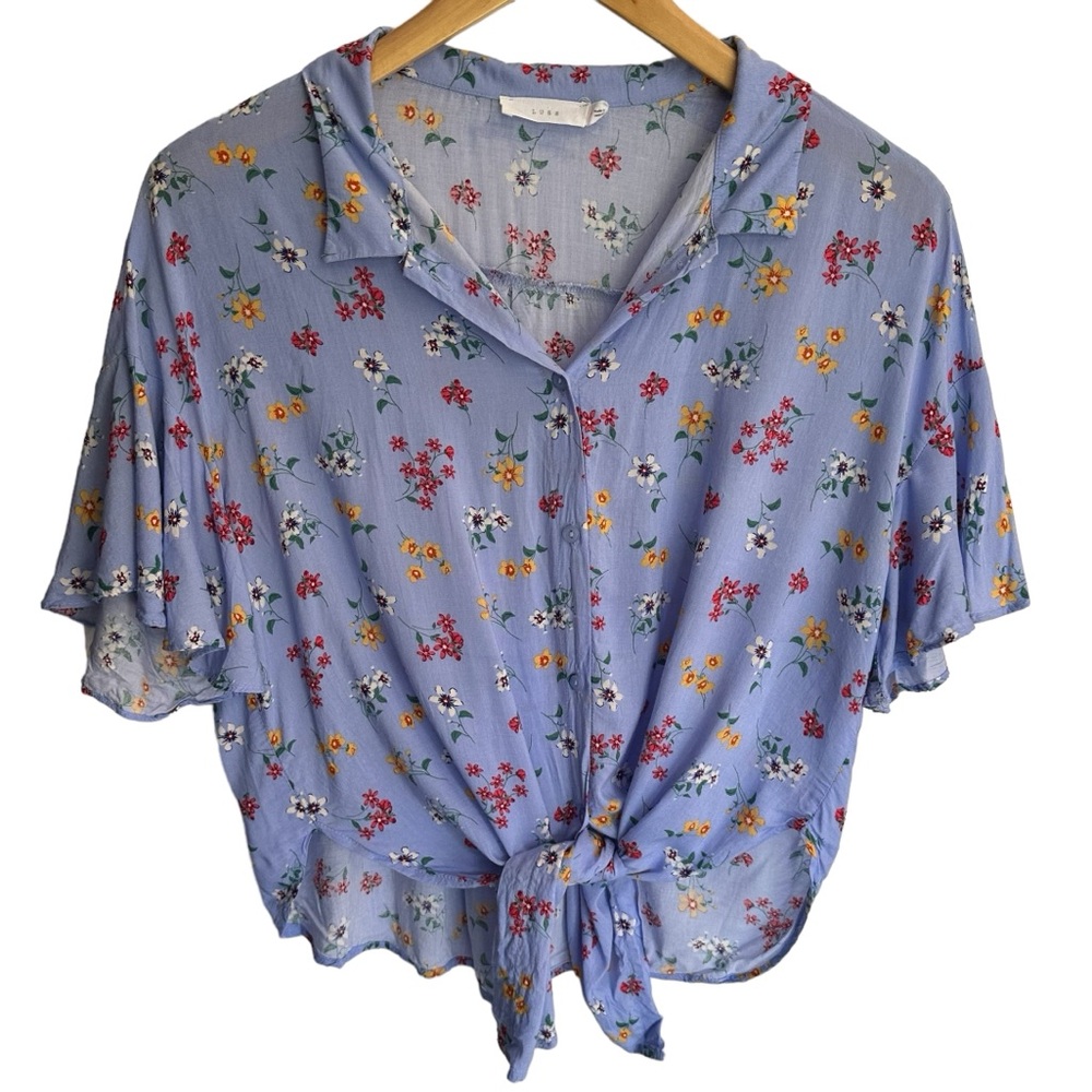 Lush Blue Floral Ruffle Sleeve Tie-Front Button-Up Top Size Medium